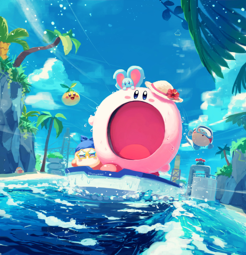 absurdres bandana bandana_waddle_dee blipper blue_bandana blush_stickers boat clouds colored_skin day elfilin foley_(kirby) glunk_(kirby) hat highres kirby kirby_(series) kirby_and_the_forgotten_land leaf mouthful_mode no_humans noddy_(kirby) o_o ocean open_mouth palm_tree pink_skin rock sand sky solid_oval_eyes star-shaped_eyewear straw_hat sunglasses suyasuyabi tree ufo_(kirby) water watercraft wet wind yellow-framed_eyewear