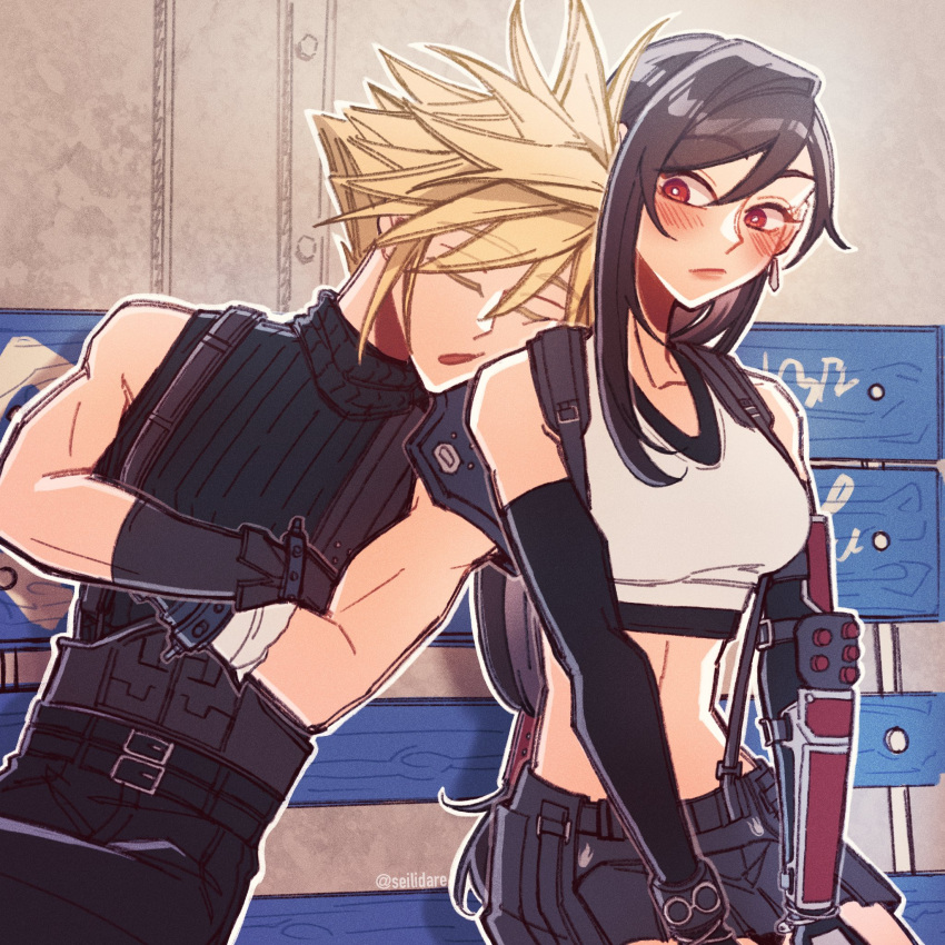 1boy 1girl arm_armor armor bare_shoulders bench black_hair black_skirt blonde_hair blush breasts cloud_strife crop_top crossed_arms detached_sleeves earrings final_fantasy final_fantasy_vii final_fantasy_vii_remake gloves head_on_another's_shoulder highres jewelry long_hair looking_at_another low-tied_long_hair midriff red_eyes seilidare shoulder_armor sitting skirt sleeping sleeping_on_person spiky_hair suspender_skirt suspenders sweater tank_top tifa_lockhart turtleneck turtleneck_sweater white_tank_top