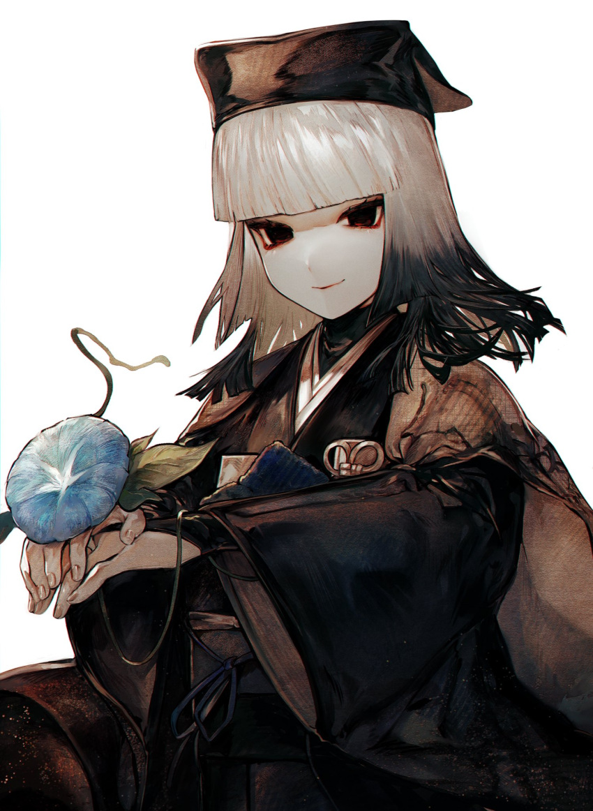 1girl albino_(a1b1n0623) bangs black_eyes black_hair black_headwear black_kimono blue_flower closed_mouth commentary_request eyeshadow fate/grand_order fate_(series) flower gradient gradient_background highres hime_cut holding holding_flower japanese_clothes kimono long_sleeves makeup medium_hair morning_glory multicolored_hair obi red_eyeshadow sash sen_no_rikyu_(fate) simple_background smile solo two-tone_hair upper_body white_background white_hair wide_sleeves