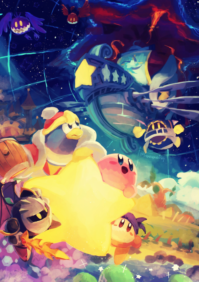 bandana bandana_waddle_dee bat_wings blue_skin blush_stickers clouds colored_skin disembodied_limb doomer_(kirby) galaxia_(sword) hammer highres holding holding_hammer holding_sword holding_weapon king_dedede kirby kirby's_return_to_dream_land kirby_(series) looking_at_another lor_starcutter magolor mask meta_knight no_humans pink_skin pyramid_(structure) smile solid_oval_eyes star_(sky) star_(symbol) suyasuyabi sword tree warp_star weapon wings