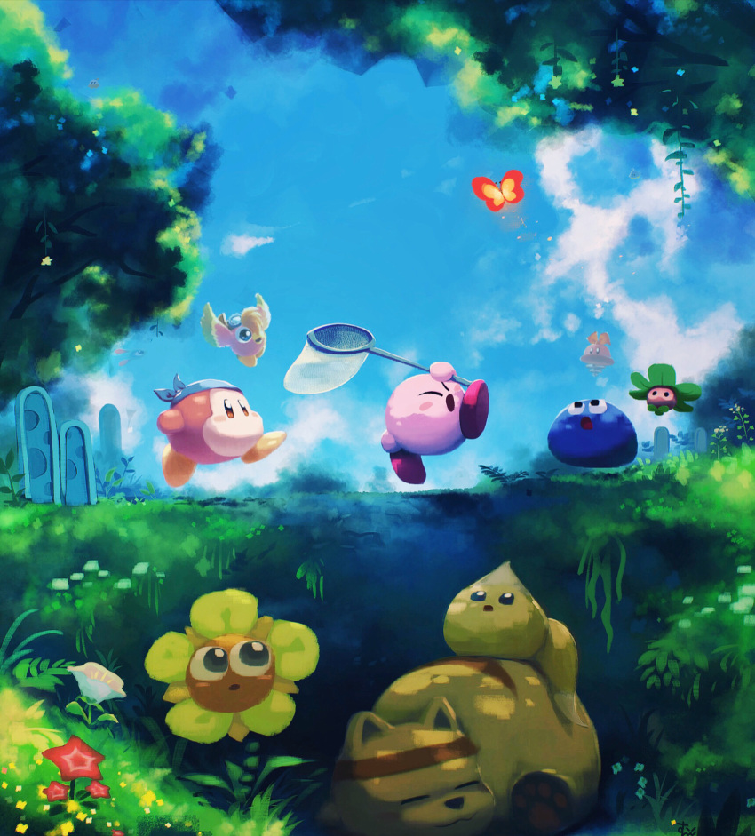 bandana bandana_waddle_dee blue_bandana blue_sky bug butterfly butterfly_net character_request day flower hand_net highres holding holding_butterfly_net kirby kirby_(series) outdoors sky suyasuyabi tree