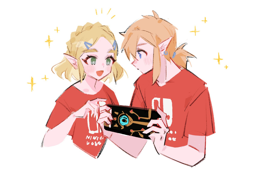 1boy 1girl artist_request blonde_hair blue_eyes blush braid breasts earrings green_eyes highres jewelry open_mouth pointy_ears ponytail princess_zelda shirt short_hair smile the_legend_of_zelda the_legend_of_zelda:_breath_of_the_wild the_legend_of_zelda:_tears_of_the_kingdom