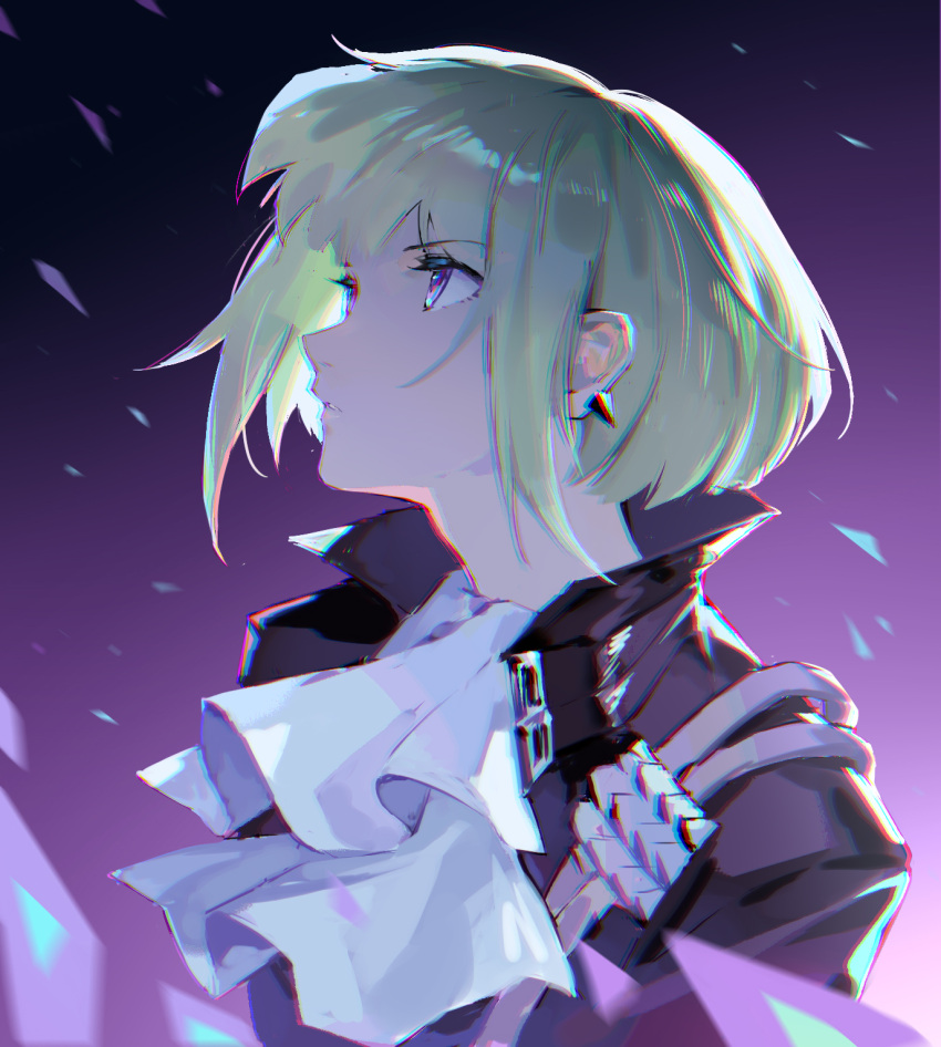 1boy androgynous ascot bangs black_background black_jacket close-up gradient gradient_background green_hair highres jacket kokunen_aoteci lio_fotia looking_up male_focus parted_lips promare purple_background short_hair solo studded upper_body violet_eyes