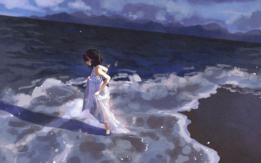 1girl backlighting barefoot beach beishang_zha_yu black_hair clothes_lift clouds cloudy_sky dress dress_lift from_above full_body highres kill_la_kill long_dress matoi_ryuuko mountainous_horizon ocean shore short_hair sky solo sparkle sundress wading water wet wet_clothes wet_dress