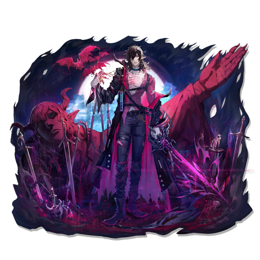 1boy :q arknights artist_request black_hair blazer choker commentary_request hair_over_one_eye hand_up highres holding holding_sword holding_weapon horns jacket long_hair long_sleeves looking_at_viewer male_focus midnight_(arknights) necktie non-web_source official_art ponytail redhead simple_background smile solo source_request sword tongue tongue_out weapon white_background
