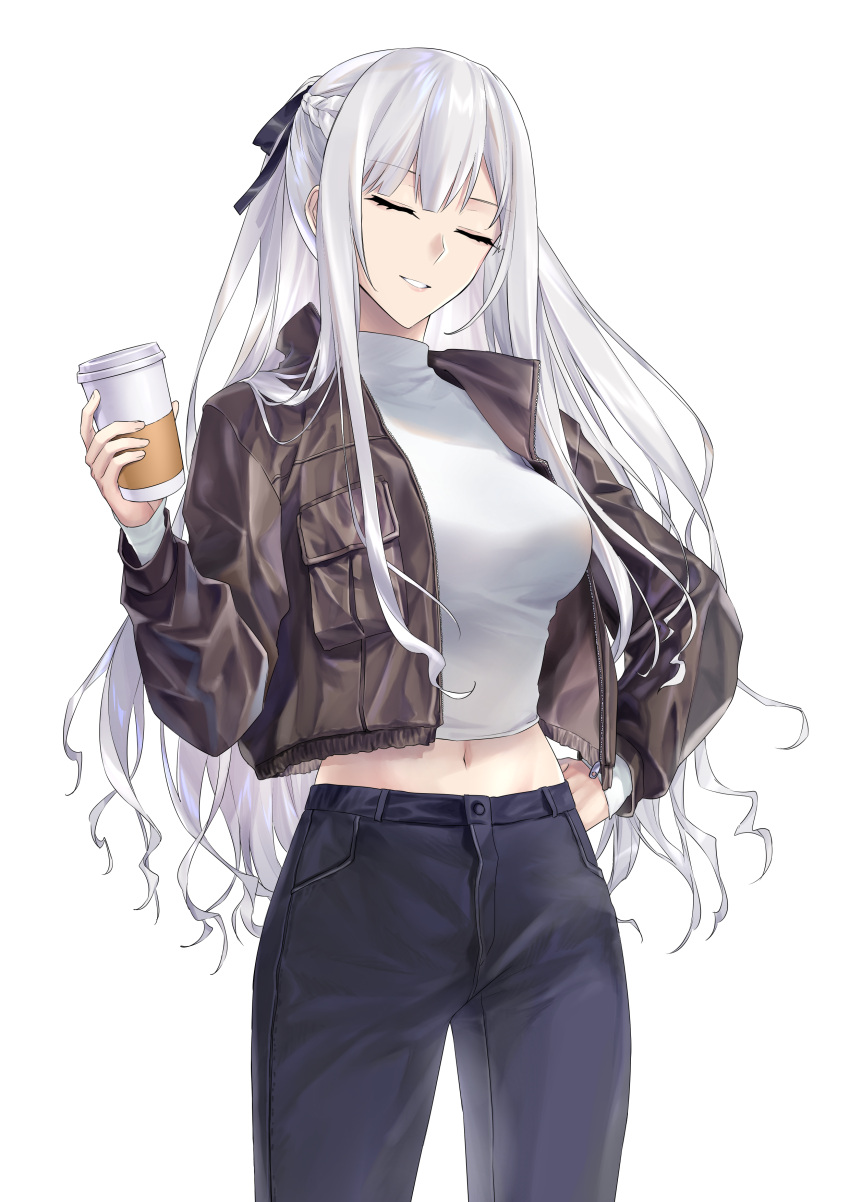1girl absurdres ak-12_(girls'_frontline) blue_pants braid breasts brown_jacket casual closed_eyes cup denim disposable_cup french_braid girls_frontline highres holding holding_cup jacket jeans large_breasts long_sleeves midriff navel open_clothes open_jacket pants shirt sidelocks smile solo suprii turtleneck white_hair white_shirt