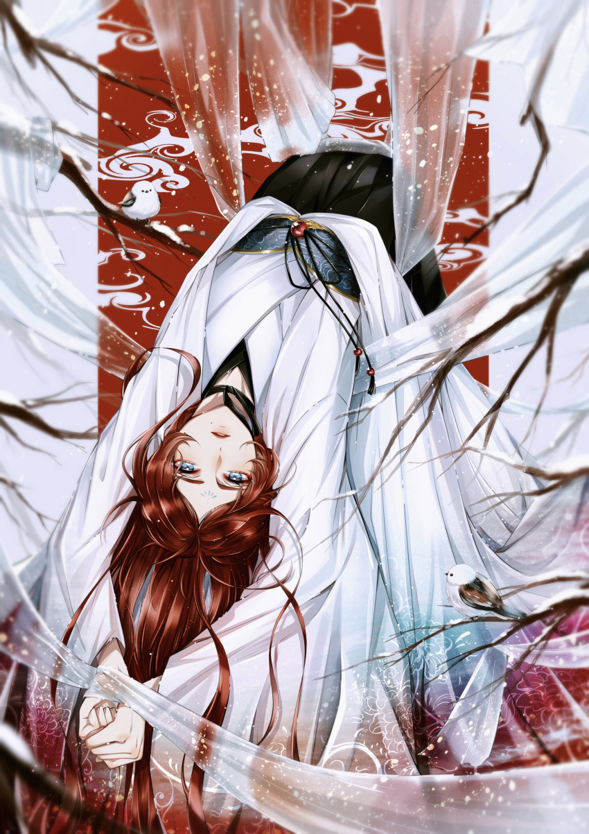 1boy absurdres androgynous blue_eyes clothing_request highres japanese_clothes long_hair male_focus multicolored_background original own_hands_together parted_lips red_background redhead solo white_background yoichi_e