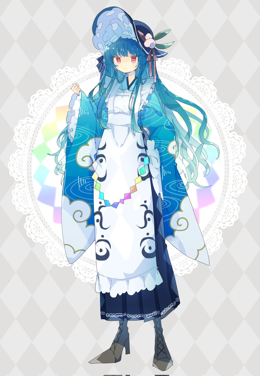 1girl adapted_costume apron argyle argyle_background black_headwear blue_hair blue_kimono blush boots brown_footwear closed_mouth cross-laced_footwear full_body hat high_heel_boots high_heels highres hinanawi_tenshi japanese_clothes kimono lace-up_boots long_hair long_sleeves nikorashi-ka rainbow_order red_eyes solo touhou white_apron wide_sleeves
