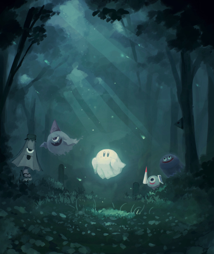 absurdres copy_ability creature fangs flying forest ghost ghost_knight_(kirby) gooey_(kirby) grass highres jumper_shoot kirby kirby_(series) kirby_and_the_forgotten_land lance monster moonlight nature night night_sky one-eyed polearm robe shield sky suyasuyabi tedhaun tongue tongue_out umbrella weapon