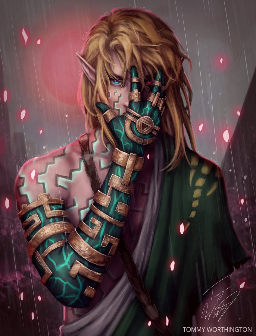 1boy asymmetrical_sleeves bangs bare_shoulders blonde_hair blue_eyes commentary covering covering_face covering_mouth heterochromia highres link looking_at_viewer male_focus moon muscular muscular_male night pointy_ears rain red_eyes red_moon solo the_legend_of_zelda the_legend_of_zelda:_breath_of_the_wild the_legend_of_zelda:_tears_of_the_kingdom tommyw_art triforce
