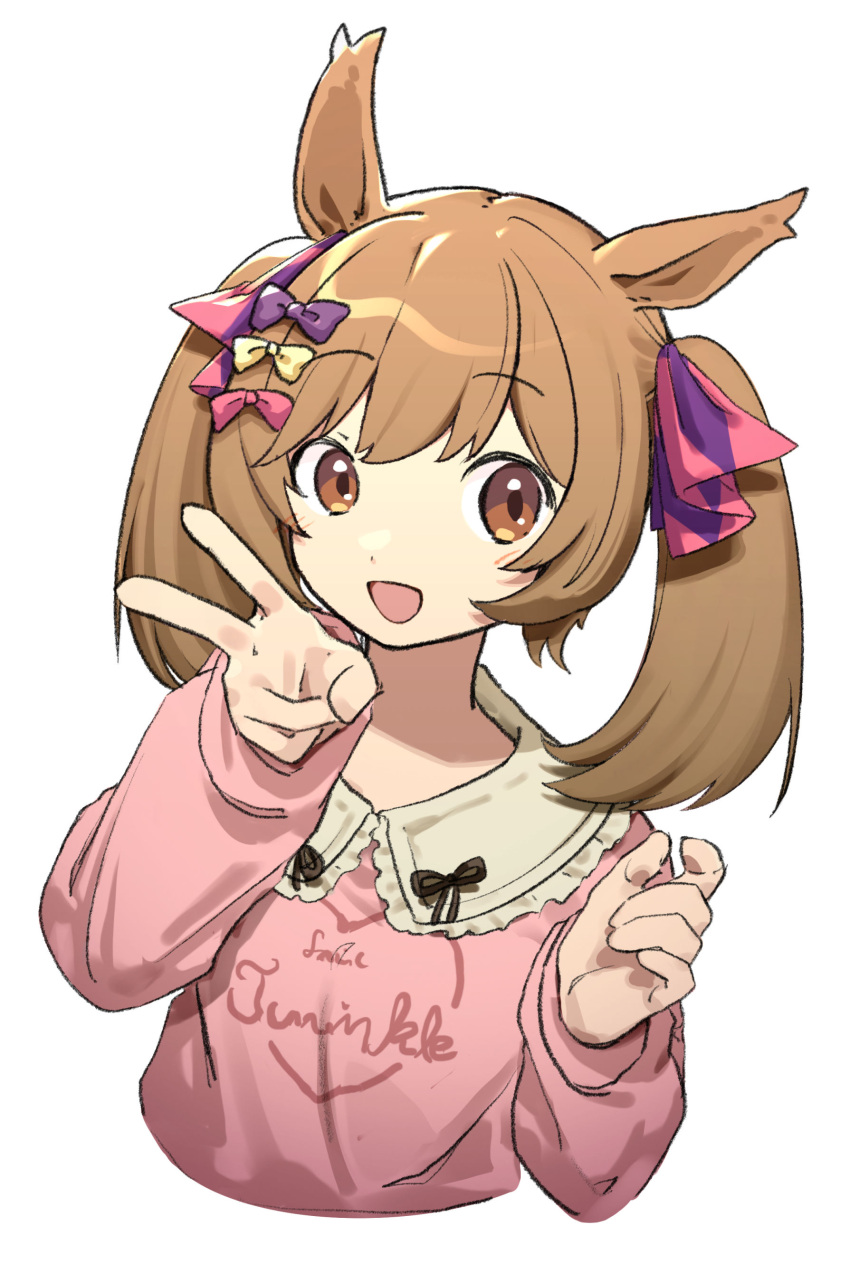 1girl absurdres bangs bow brown_eyes brown_hair cropped_torso frilled_shirt_collar frills hair_bow hand_up highres long_sleeves looking_at_viewer medium_hair michia_(bourgognepony) open_mouth pink_shirt shirt simple_background smart_falcon_(umamusume) smile solo twintails umamusume upper_body v white_background