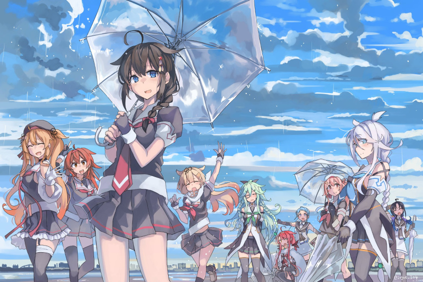 6+girls ahoge black_gloves black_hair black_neckerchief black_sailor_collar black_serafuku black_skirt black_thighhighs blue_eyes blue_sky braid clouds day fingerless_gloves gloves hair_flaps hair_ornament hair_over_shoulder harusame_(kancolle) highres kantai_collection kawakaze_(kancolle) kawakaze_kai_ni_(kancolle) multiple_girls murasame_(kancolle) murasame_kai_ni_(kancolle) neckerchief outdoors rain sailor_collar samidare_(kancolle) scarf school_uniform serafuku shigure_(kancolle) shigure_kai_ni_(kancolle) shiratsuyu_(kancolle) shiratsuyu_kai_ni_(kancolle) shirt single_braid skirt sky sleeveless sleeveless_shirt sugue_tettou suzukaze_(kancolle) thigh-highs transparent transparent_umbrella twin_braids umbrella umikaze_(kancolle) umikaze_kai_ni_(kancolle) white_sailor_collar white_scarf white_skirt yamakaze_(kancolle) yamakaze_kai_ni_(kancolle) yuudachi_(kancolle) yuudachi_kai_ni_(kancolle)