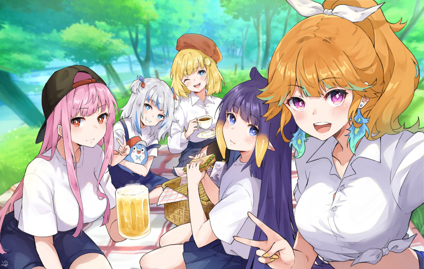 5girls absurdres alcohol aqua_hair bangs basket beer beret blonde_hair bloop_(gawr_gura) blue_eyes blush breasts cup day eating food foreshortening gawr_gura hair_ornament hat highres hololive hololive_english holomyth long_hair lucferz medium_hair midriff mori_calliope multicolored_hair multiple_girls ninomae_ina'nis orange_hair outdoors picnic_basket pink_hair ponytail red_eyes sandwich saucer shorts sitting skirt smile takanashi_kiara teac teacup two-tone_hair v violet_eyes watson_amelia yellow_nails