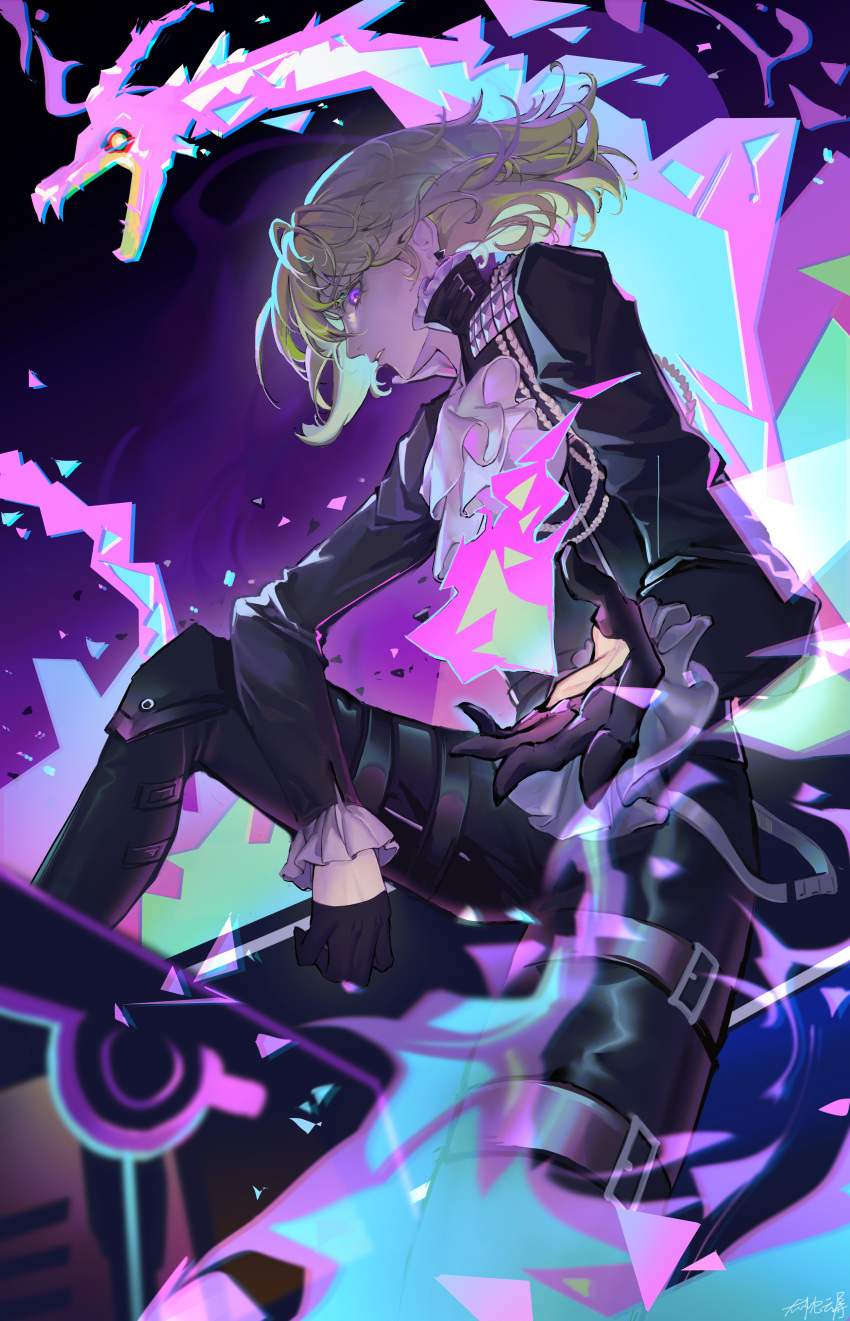 1boy absurdres androgynous ascot bangs black_jacket blue_fire elbow_on_knee fire gloves green_fire green_hair half_gloves highres iyun jacket lio_fotia long_sleeves looking_at_viewer male_focus outstretched_arm parted_lips promare purple_fire pyrokinesis short_hair sitting solo studded violet_eyes