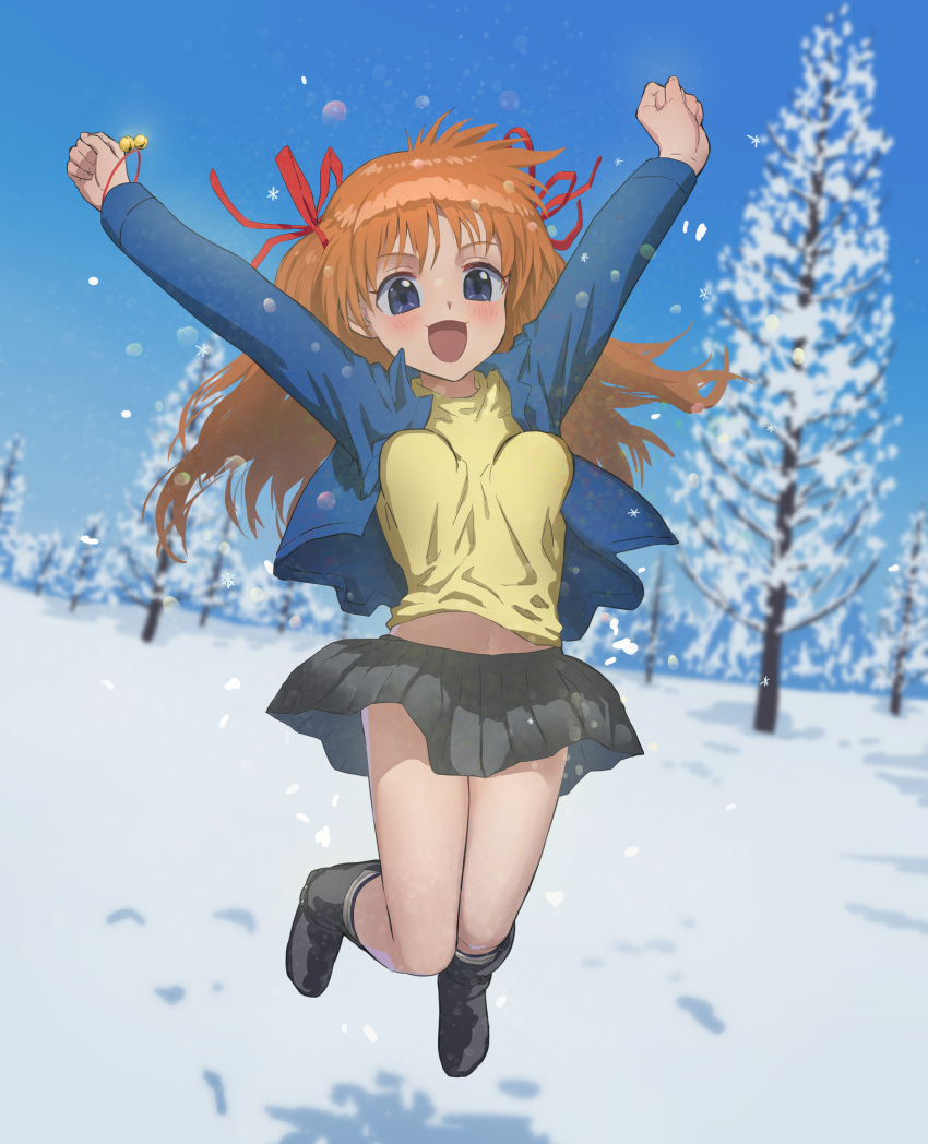 1girl absurdres arms_up bell blue_eyes blue_jacket blush boots bouncing_breasts breasts brown_hair commission hair_ribbon highres jacket jingle_bell jumping kanon legs long_hair mumumuka open_mouth outdoors red_ribbon ribbon sawatari_makoto shirt skeb_commission skirt sky snow solo winter yellow_shirt