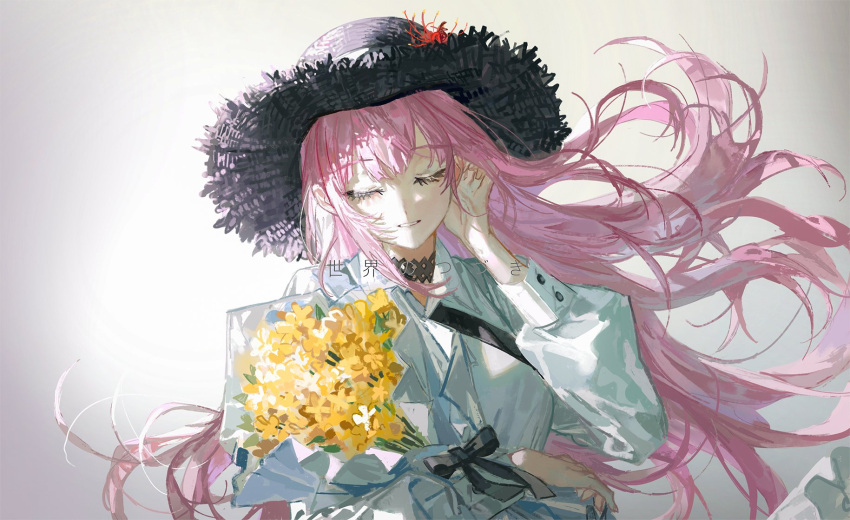 1girl bangs black_bow black_choker black_ribbon bouquet bow choker closed_eyes closed_mouth dress facing_viewer floating_hair flower hair_tucking hat highres holding holding_bouquet hololive hololive_english light_smile long_hair long_sleeves mori_calliope pink_hair quasarcake ribbon solo straw_hat upper_body very_long_hair virtual_youtuber yellow_flower