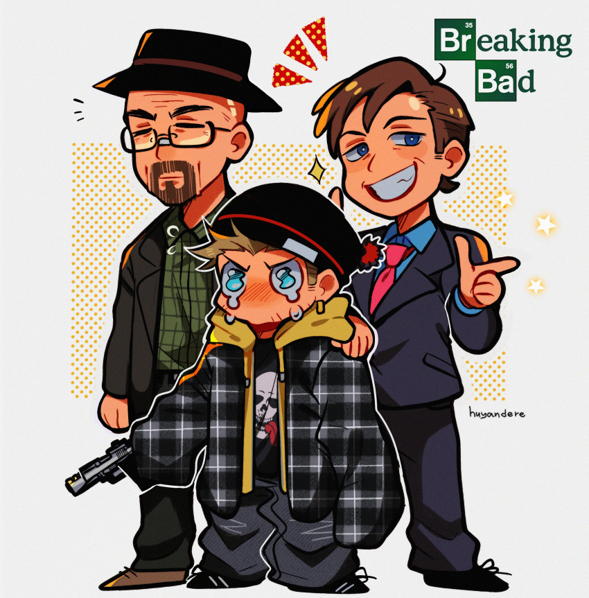 3boys =_= absurdres baggy_clothes baggy_pants beanie black_headwear blue_eyes blush breaking_bad brown_hair closed_eyes coat copyright_name english_commentary facial_hair formal glasses grin gun hat highres hood hood_down huyandere jacket jesse_pinkman logo male_focus multiple_boys necktie open_clothes open_coat pants saul_goodman shirt signature simple_background smile sparkle standing star_(symbol) suit tears walter_white weapon