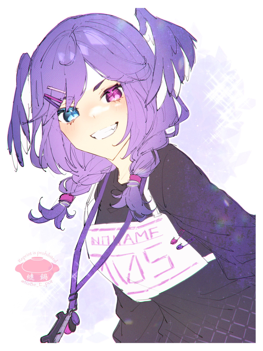 1girl absurdres black_sweater blue_eyes blush braid hair_ornament hairclip head_wings heterochromia highres lanyard leaning_forward looking_at_viewer mochunabeeeee nijisanji nijisanji_en purple_hair safety_pin selen_tatsuki smile solo sweater twin_braids upper_body violet_eyes watermark