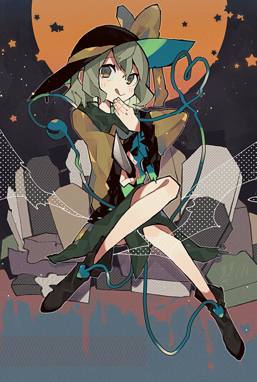 1girl :q black_footwear black_headwear blouse blush boots bow closed_mouth commentary fingernails frilled_sleeves frills full_body green_eyes green_hair green_skirt hair_between_eyes hand_up hat hat_bow heart heart_of_string highres holding holding_knife knife komeiji_koishi long_sleeves looking_at_viewer mamimu_(ko_cha_22) moon orange_moon pointing_weapon shirt short_hair sitting skirt smile solo third_eye tombstone tongue tongue_out touhou wide_sleeves yellow_bow yellow_shirt