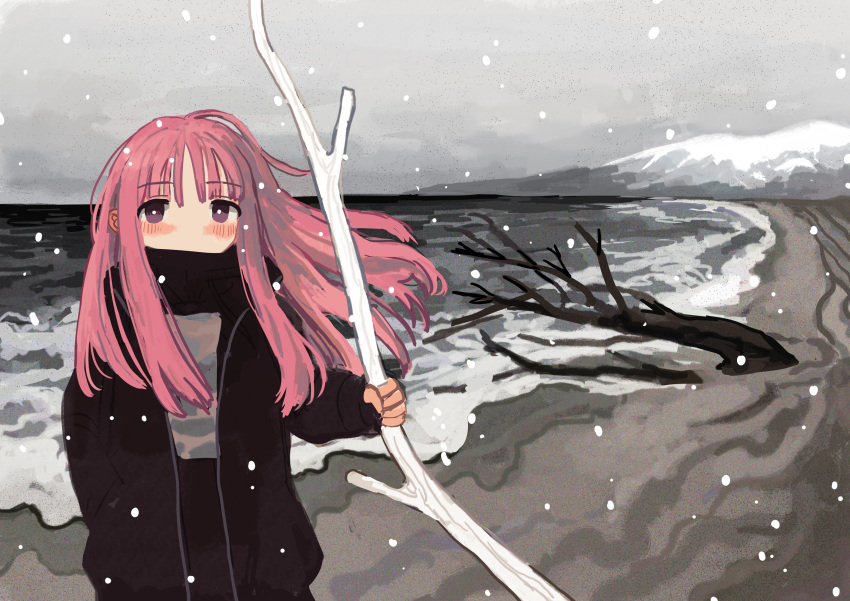 1girl bangs bare_tree beach black_jacket blush branch clouds cloudy_sky commentary_request covered_mouth cowboy_shot grabbing hair_between_eyes hand_in_pocket highres holding jacket long_hair long_sleeves looking_at_viewer mountain ocean open_clothes open_jacket original pants pink_hair sky snow solo standing tree violet_eyes winter zinbei zipper