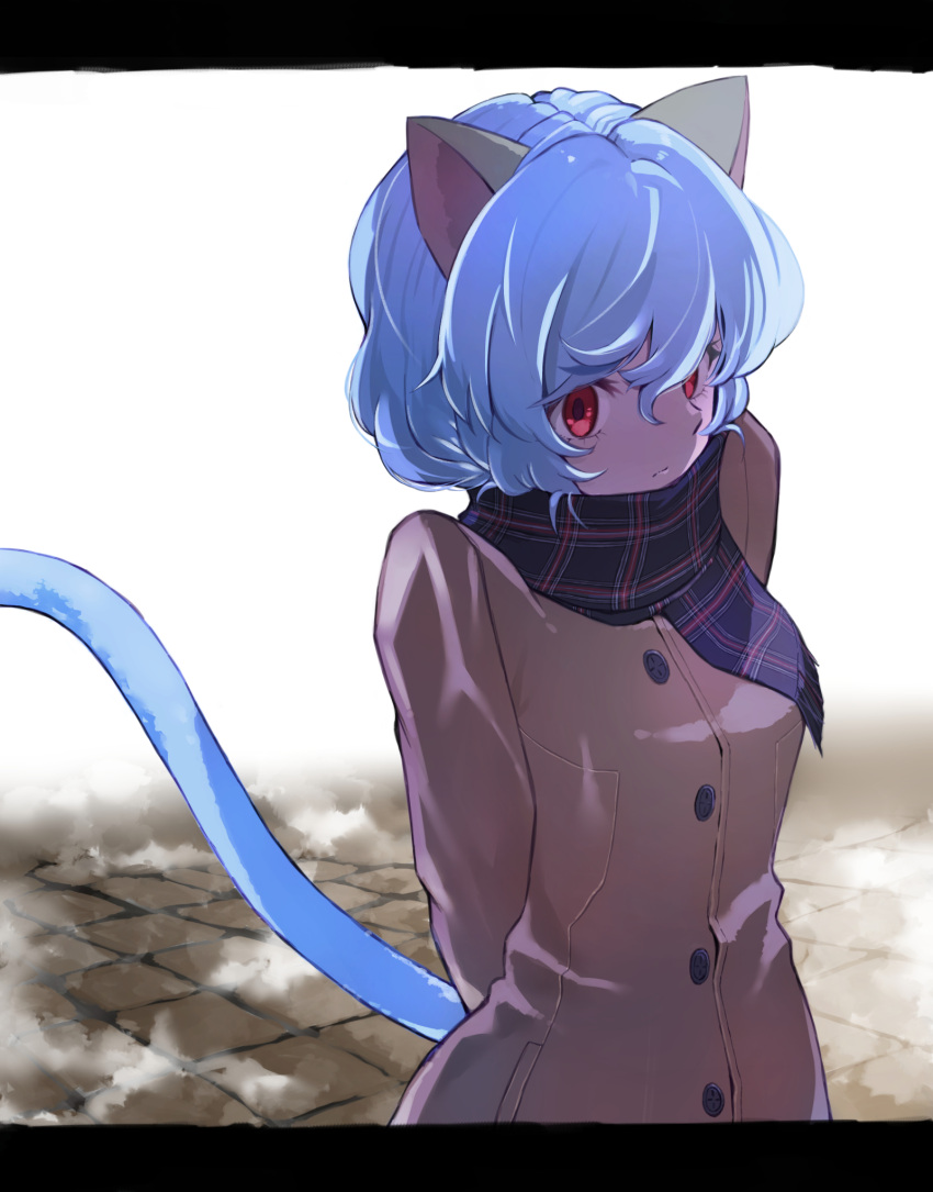 1girl animal_ears arms_behind_back bangs black_border black_scarf blue_hair border brown_coat cat_ears cat_girl cat_tail closed_mouth coat hair_between_eyes highres hunter_x_hunter letterboxed medium_hair neferpitou outdoors plaid plaid_scarf red_eyes scarf snow solo standing straight_hair tail white_background winter_clothes winter_coat yagisawa_teru