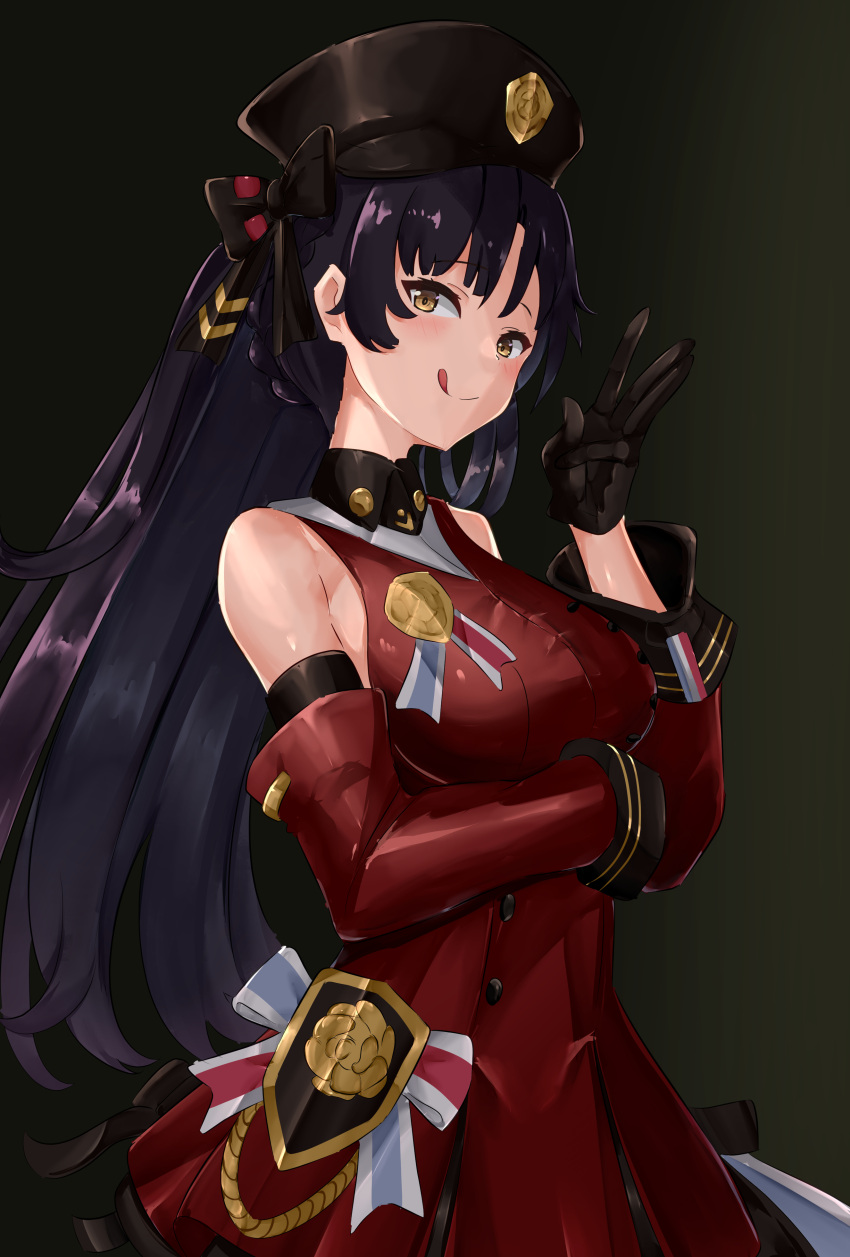 1girl absurdres black_gloves black_hair black_headwear breasts brown_eyes detached_sleeves dress girls_frontline gloves hat highres lewis_(girls'_frontline) licking_lips long_hair long_sleeves medium_breasts mutugorou_u red_dress red_sleeves smile solo tongue tongue_out upper_body