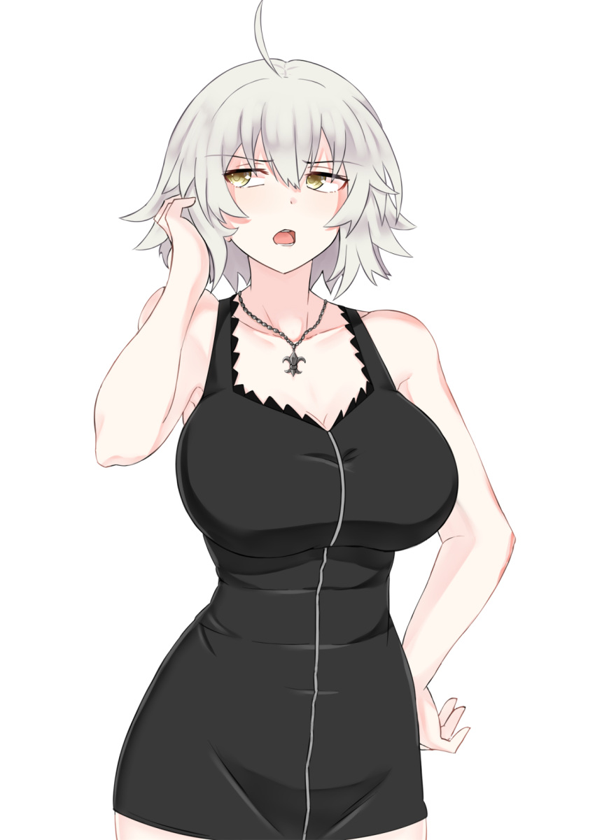 1girl black_dress breasts collarbone dress fate/grand_order fate_(series) grey_hair hair_between_eyes highres jacket jeanne_d'arc_alter_(fate) jewelry large_breasts medium_hair necklace open_mouth paid_reward_available shirt simple_background solo white_background yellow_eyes zatsu