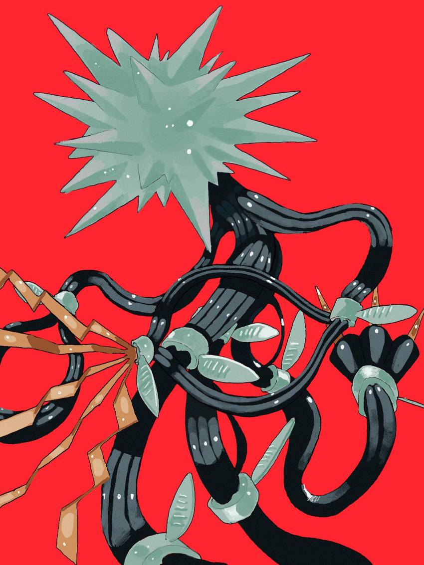 cable claws commentary_request gogot highres looking_down no_humans pokemon pokemon_(creature) red_background simple_background solo spikes xurkitree