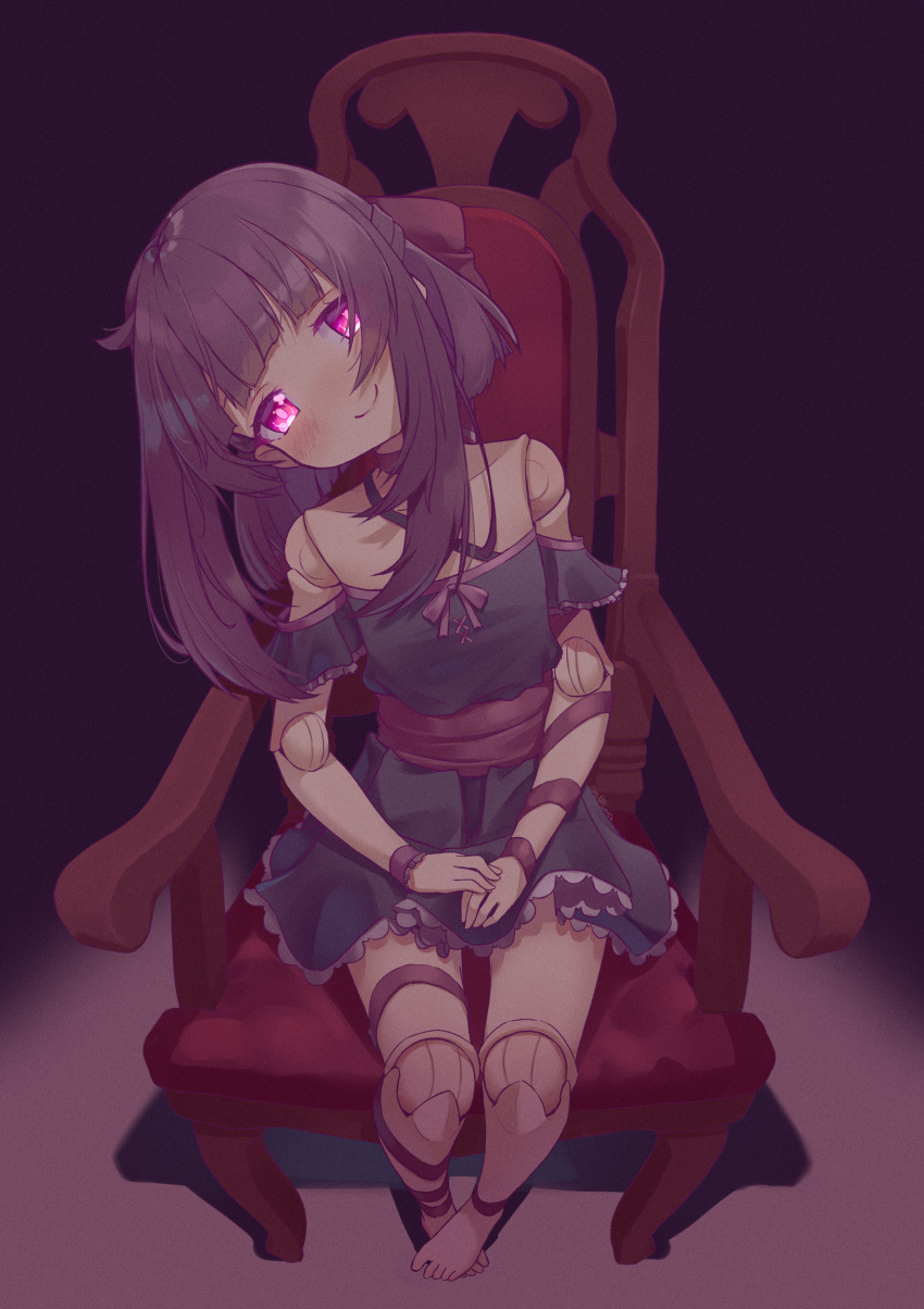 1girl absurdres ankle_ribbon arm_ribbon bangs barefoot blunt_bangs blush chair closed_mouth criss-cross_halter doll_joints dress english_commentary fallenshadow feet frilled_dress frills glowing glowing_eyes halter_dress halterneck hands_on_lap head_tilt highres indie_virtual_youtuber joints leg_ribbon looking_at_viewer medium_hair on_chair purple_dress purple_hair purple_ribbon renpc ribbon sash sidelocks sitting smile solo toes violet_eyes virtual_youtuber wrist_ribbon
