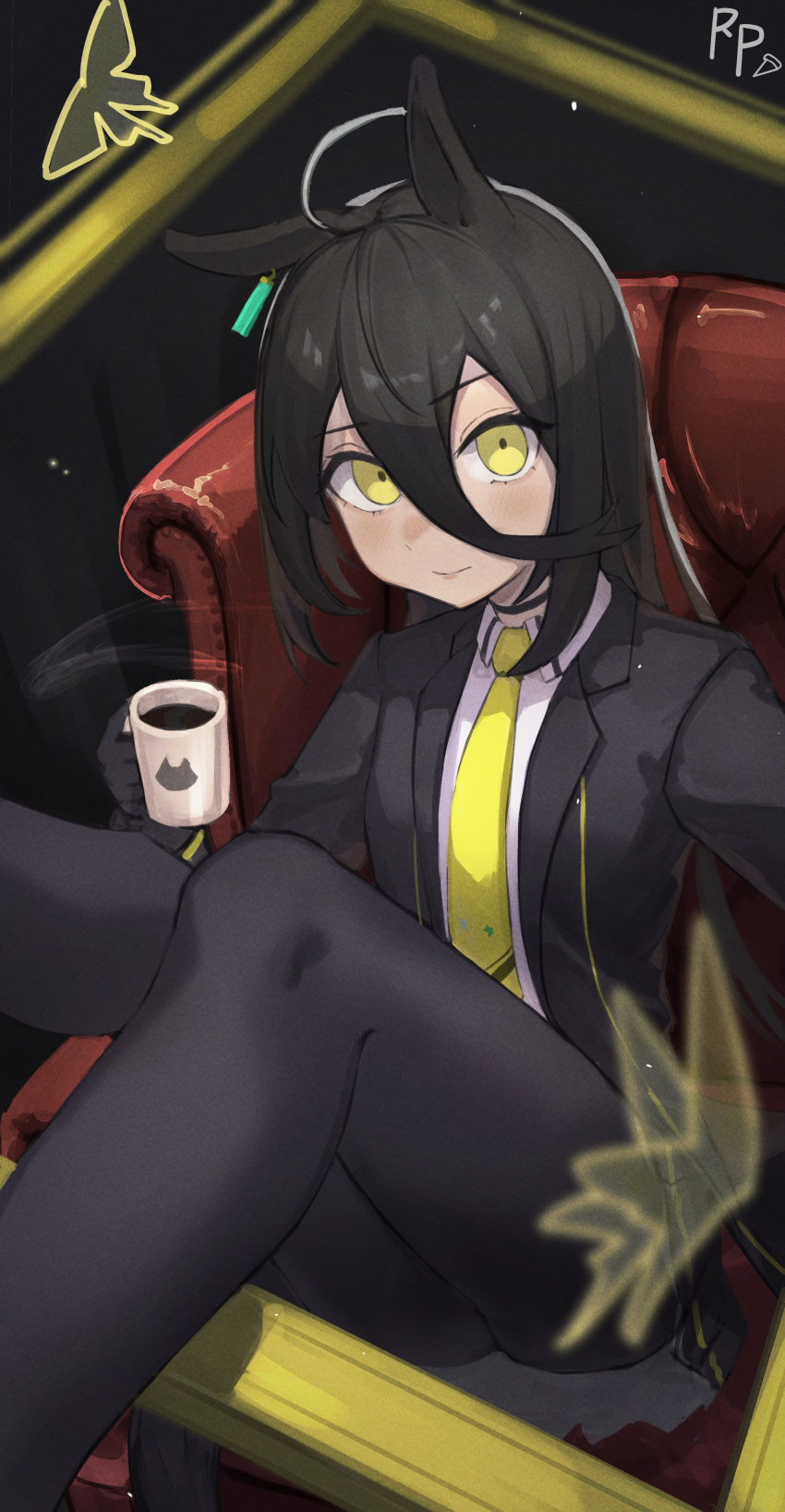 1girl absurdres ahoge animal_ears bangs black_choker black_hair black_pantyhose blush choker coffee coffee_cup coffee_mug couch cup disposable_cup ear_tag eyelashes hair_between_eyes highres holding holding_cup horse_ears horse_girl long_bangs long_hair looking_at_viewer manhattan_cafe_(umamusume) mug necktie on_couch pantyhose solo umamusume watashinabe yellow_eyes yellow_necktie
