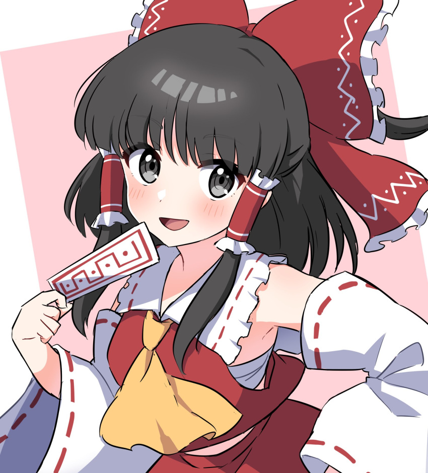 1girl ascot bangs black_eyes black_hair blush bow chest_sarashi collared_vest commentary_request detached_sleeves frilled_bow frilled_hair_tubes frills hair_bow hair_tubes hakurei_reimu highres holding long_sleeves medium_hair miz_(mizillustration) ofuda open_mouth red_bow red_skirt red_vest ribbon-trimmed_sleeves ribbon_trim sarashi sidelocks skirt solo touhou upper_body vest white_background wide_sleeves yellow_ascot