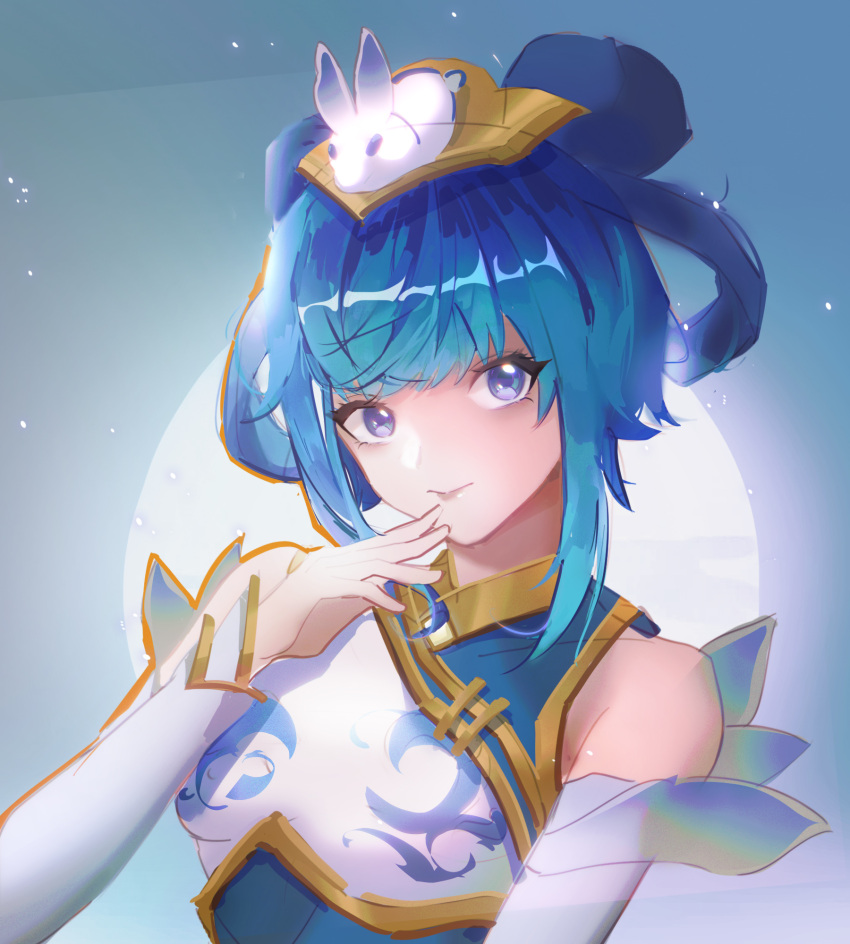 1girl bangs blue_hair breasts bunny_hair_ornament closed_mouth detached_sleeves double_bun gradient gradient_background green_hair grey_background hair_bun hair_ornament highres ippo_kuwa league_of_legends looking_at_viewer lux_(league_of_legends) official_alternate_costume porcelain_lux shiny shiny_hair single_bare_shoulder small_breasts solo upper_body white_sleeves