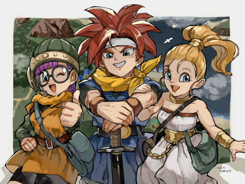 1boy 2girls :d aqua_eyes artist_name ascot bag bare_shoulders belt blonde_hair chain chrono_trigger clenched_teeth commentary cowboy_shot crono_(chrono_trigger) glasses green_bag hand_on_hip handbag helmet high_ponytail highres holding_another's_arm looking_at_viewer lucca_ashtear marle_(chrono_trigger) multiple_girls muscular muscular_male one_eye_closed open_mouth outdoors purple_hair redhead shadow smile spiky_hair sword teeth thick_eyebrows tunic upper_teeth uzutanco weapon yellow_ascot