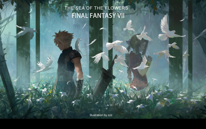 1boy 1girl absurdres aerith_gainsborough armor artist_name bangle bangs belt bird bracelet braid braided_ponytail brown_hair buster_sword closed_eyes cloud_strife dove dress facing_away falling_feathers final_fantasy final_fantasy_vii flock flower forest gloves hair_between_eyes hair_ribbon highres jacket jewelry long_hair multiple_belts nature outdoors own_hands_clasped own_hands_together parted_bangs pink_dress pink_ribbon planted planted_sword red_jacket ribbon short_hair short_sleeves shoulder_armor sidelocks sleeveless sleeveless_turtleneck smile spiky_hair suspenders sword tree turtleneck weapon white_flower zzz_(orchid-dale)