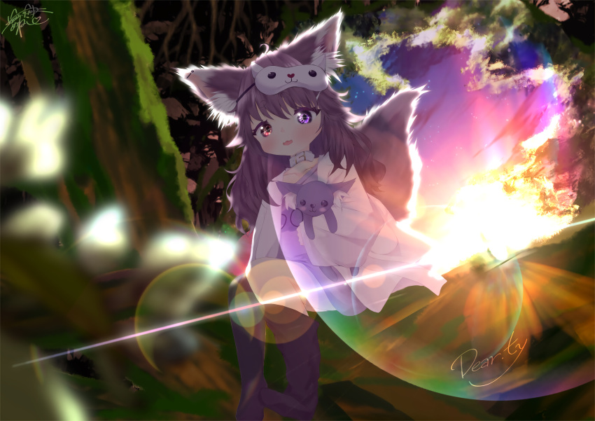 1girl absurdres ahoge animal_ear_fluff animal_ears backlighting bangs belt_collar black_thighhighs bra_strap brown_hair brown_tail choker collar commission commissioner_upload ear_piercing flat_chest forest hair_ornament happy heterochromia highres hug indie_virtual_youtuber lens_flare light_rays loli long_shirt mask mask_on_head medium_hair nature no_shoes object_hug outdoors pajamas petite piercing purple_shirt robe scenery shirt sitting skeb_commission sky sleep_mask sleepwear smile solo stuffed_toy sunbeam sunlight tail thigh-highs tree twintails tybernation virtual_youtuber wolf_ears wolf_girl wolf_tail yumineko_(yukimasa1017) zettai_ryouiki