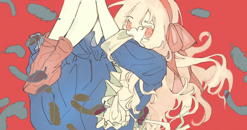 1girl apron blue_dress boots bow bow_hairband brown_footwear commentary dress falling_feathers fetal_position frilled_apron frilled_dress frills hair_bow hairband highres kagerou_project kozakura_marry long_hair looking_at_viewer pink_bow pink_hairband plutoful red_background solo very_long_hair white_apron white_hair