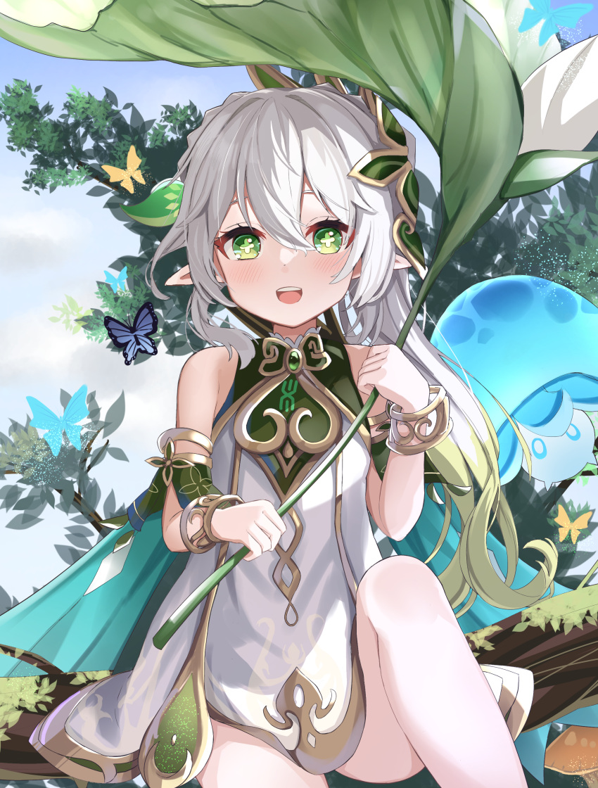 1girl :d absurdres bare_shoulders blush bracelet bug butterfly colored_tips cross-shaped_pupils dot_nose dress fungi_(genshin_impact) genshin_impact gradient_hair green_eyes hair_ornament highres holding holding_leaf in_tree jewelry knee_up leaf long_hair looking_at_viewer multicolored_hair nahida_(genshin_impact) nekopurin_(nyanko_prin) open_mouth outdoors pointy_ears short_dress sitting sitting_in_tree sleeveless sleeveless_dress smile solo teeth thighs tree upper_teeth white_hair