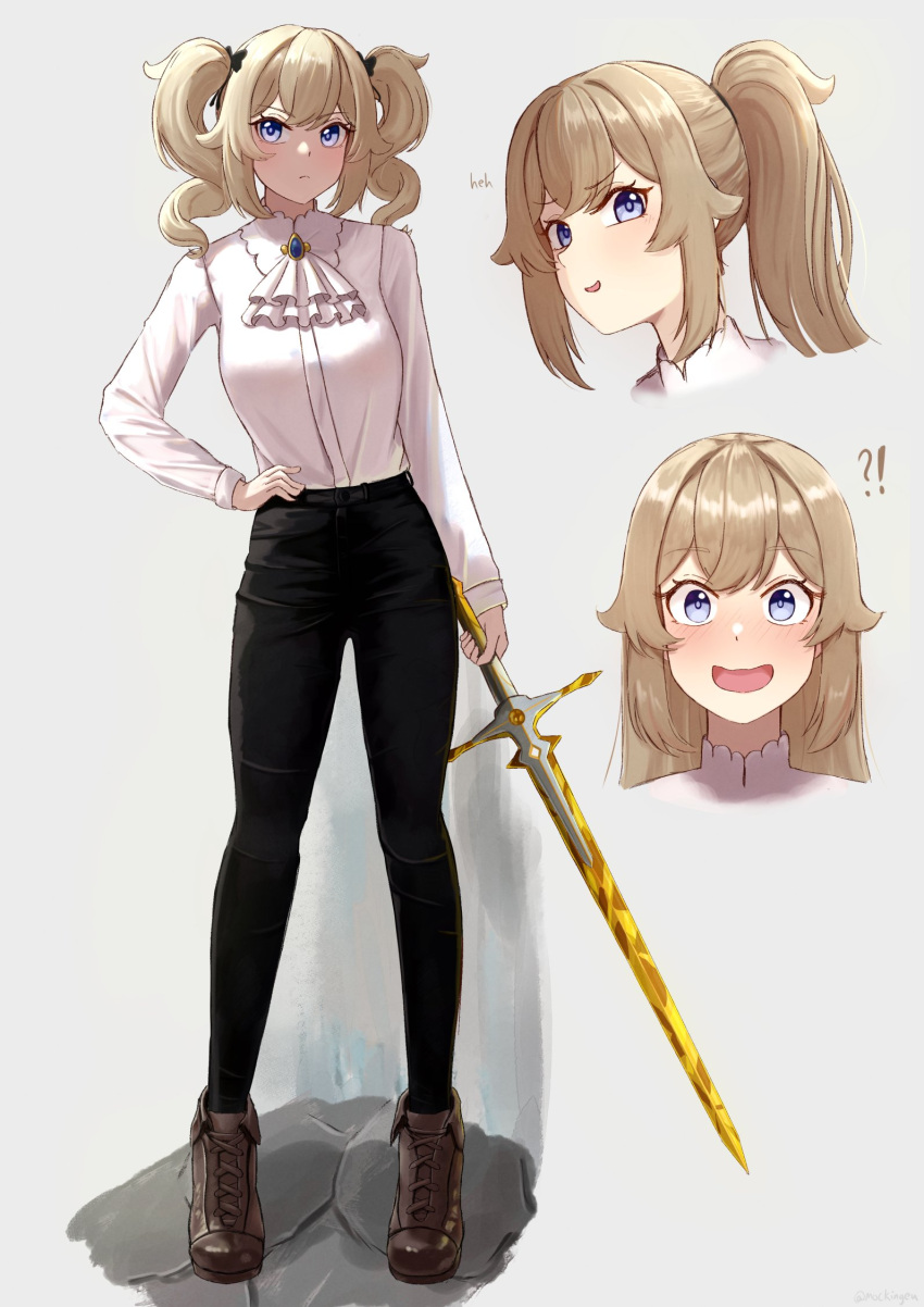 1girl :d alternate_costume ascot bangs barbara_(genshin_impact) black_pants blonde_hair blue_eyes boots brooch brown_footwear drill_hair genshin_impact grey_background hand_on_hip highres holding holding_sword holding_weapon jewelry leggings long_hair looking_at_viewer mockingeu multiple_views open_mouth pants parted_lips ponytail shirt simple_background smile standing sword twin_drills twintails weapon white_ascot white_shirt