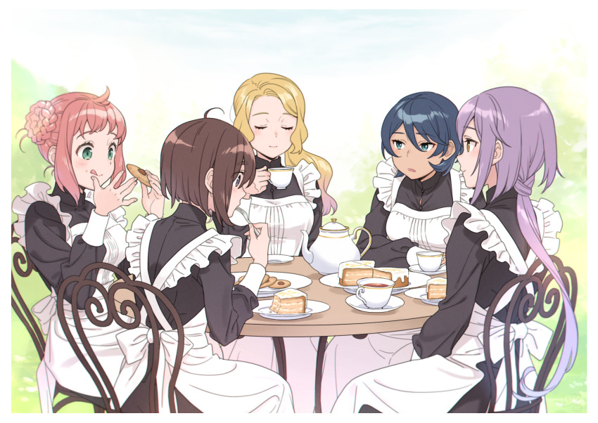 5girls ahoge apron black_dress blonde_hair blush brown_hair cake chair closed_eyes cookie cup dress eating food food_on_face fork green_eyes highres holding holding_cup holding_food holding_fork itooooofu8282 licking licking_finger long_hair long_sleeves low_ponytail maid maid_apron multiple_girls open_mouth original pink_hair plate purple_hair saucer short_hair sidelocks sitting smile table teacup teapot tongue tongue_out yellow_eyes