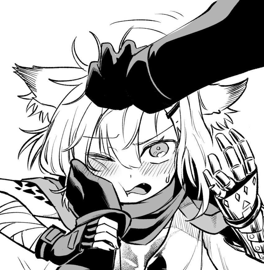 1girl 1other ambiguous_gender animal_ear_fluff animal_ears arknights arm_wrap blush bokiboki333 cape cheek_squash fang fingerless_gloves fox_ears fox_girl gloves greyscale hair_between_eyes hair_ornament hairclip hands_up headpat highres holding_another's_wrist jewelry looking_at_viewer messy_hair monochrome necklace open_mouth oripathy_lesion_(arknights) pov prosthesis prosthetic_arm shirt short_hair simple_background solo_focus sweatdrop vermeil_(arknights) white_background