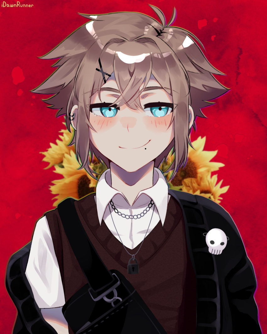 1boy alternate_costume basil_(omori) blonde_hair blue_eyes brown_sweater_vest closed_mouth collared_shirt earrings hair_ornament highres idawnrunner jewelry looking_at_viewer mole mole_under_mouth omori red_background shirt short_hair short_sleeves smile smug solo sweater_vest upper_body white_shirt x_hair_ornament