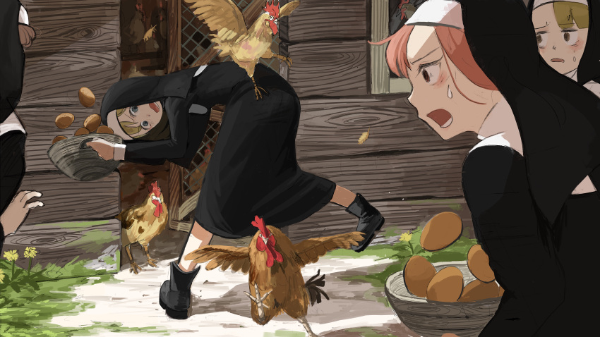 4girls :o absurdres animal bird blue_eyes blush boots brown_eyes brown_hair catholic character_request chicken chicken_coop clumsy_nun_(diva) day diva_(hyxpk) dress egg flower habit highres hungry_nun_(diva) little_nuns_(diva) long_hair mesh multiple_girls nun open_mouth outdoors redhead revision spicy_nun_(diva) sweat sweatdrop veil wings wooden_wall