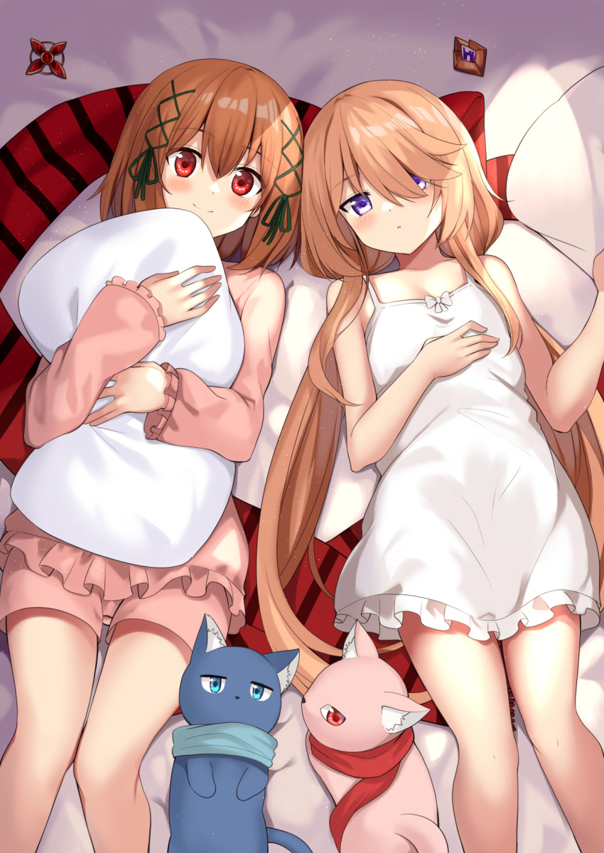 2girls bangs bare_arms bare_shoulders bed_sheet blue_scarf blush brown_hair camisole cat closed_mouth collarbone commentary_request flat_chest frilled_camisole frilled_sleeves frills from_above gem green_ribbon hair_between_eyes hair_over_one_eye hair_ribbon hand_up highres holding holding_pillow long_hair long_sleeves looking_at_viewer low_twintails lying mahcdai medium_hair multiple_girls muna_dinail object_hug on_back original pajamas pillow pillow_hug pink_pajamas purple_gemstone red_eyes red_gemstone red_scarf ribbon rum_ialis scarf shiny shiny_hair sidelocks smile twintails very_long_hair violet_eyes white_camisole