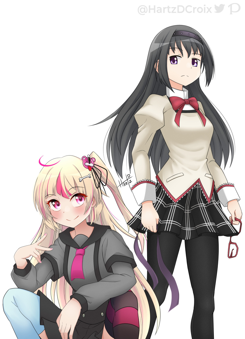 2girls absurdres ahoge akemi_homura arms_at_sides ashley_taylor asymmetrical_legwear bangs bear_hair_ornament black_hair black_pantyhose black_ribbon black_sailor_collar black_skirt black_thighhighs blonde_hair blue_thighhighs blush bone_hair_ornament bow bowtie buttons collared_shirt commentary english_commentary expressionless feet_out_of_frame grey_shirt hair_ornament hair_ribbon hairband hartzdcroix highres holding holding_eyewear holding_ribbon juliet_sleeves koushou_academy_school_uniform layered_sleeves long_hair long_sleeves looking_at_another magia_record:_mahou_shoujo_madoka_magica_gaiden mahou_shoujo_madoka_magica miniskirt mismatched_legwear mitakihara_school_uniform multicolored_hair multiple_girls necktie one_side_up pantyhose pink_eyes pink_hair pink_necktie pink_thighhighs plaid plaid_skirt pleated_skirt puffy_sleeves red-framed_eyewear red_bow red_bowtie ribbon sailor_collar sailor_shirt school_uniform serafuku shirt short_necktie short_over_long_sleeves short_sleeves sidelocks simple_background skirt smile squatting standing streaked_hair striped striped_thighhighs sweater thigh-highs twitter_username v very_long_hair violet_eyes white_background white_shirt yellow_sweater