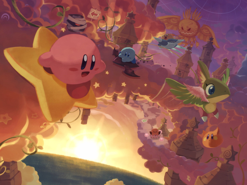 bandages building clouds creature doomer_(kirby) driving flappy_(kirby) grand_doomer happy highres kirby kirby's_return_to_dream_land kirby_(series) kirby_air_ride monster open_mouth outdoors plant revision riding scarfy scenery shadow_star sign sky slick_star smile sodory star_(symbol) sunset suyasuyabi ufo_(kirby) vines warp_star wing_star