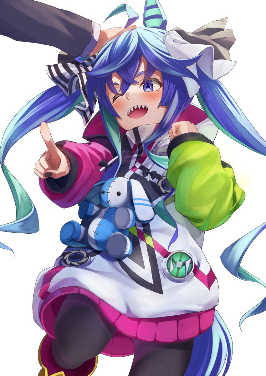 1boy 1girl absurdres ahoge animal_ears black_pantyhose blue_eyes blue_hair chakuma_(yiyh1468) headpat highres horse_ears horse_girl jacket multicolored_clothes multicolored_jacket one_eye_closed pantyhose pointy_ears puffy_sleeves rabbit sharp_teeth size_difference solo_focus stuffed_animal stuffed_toy teeth trainer_minamizaka twin_turbo_(umamusume) two_side_up umamusume