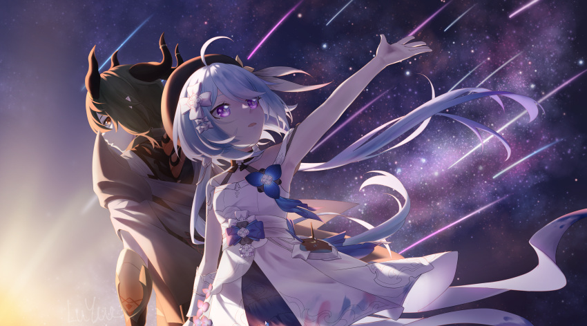 1boy 1girl absurdres ahoge armpits back-to-back bangs blue_eyes closed_mouth coat dress green_hair grey_coat griseo highres honkai_(series) honkai_impact_3rd horns kosma long_hair luyue open_mouth orange_eyes outdoors outstretched_arm short_hair sky sleeveless sleeveless_dress star_(sky) starry_sky sunset twintails violet_eyes white_dress
