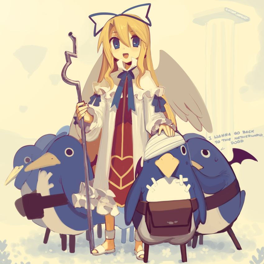 1girl :d angel_wings bandage_over_one_eye bandaged_head bandages bangs bat_wings bird blonde_hair blue_eyes blue_ribbon boa_(brianoa) capelet column commentary disgaea english_commentary english_text feathered_wings flonne full_body hair_between_eyes hair_ribbon hand_on_another's_head high_collar highres holding holding_staff light_blush long_hair long_sleeves looking_at_viewer makai_senki_disgaea neck_ribbon open_mouth penguin pillar pouch prinny ribbon robe sidelocks sleeve_ribbon smile staff stuffed_animal stuffed_penguin stuffed_toy twitter_username very_long_hair white_capelet white_robe white_wings wings