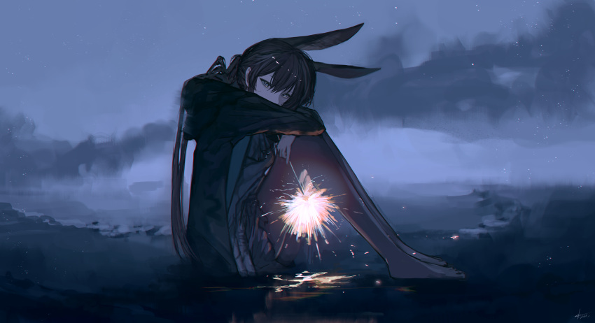 1girl absurdres amiya_(arknights) animal_ears arknights ascot black_coat black_pantyhose black_skirt blue_eyes brown_hair clouds coat covered_mouth crossed_arms fireworks from_side full_body grey_ascot grey_shirt hair_between_eyes highres holding_fireworks hooded_coat long_hair looking_at_viewer looking_to_the_side night night_sky no_shoes open_clothes open_coat outdoors pantyhose ponytail rabbit_ears shirt sitting skirt sky solo sparkler star_(sky) starry_sky tsurime very_long_hair yuki_flourish