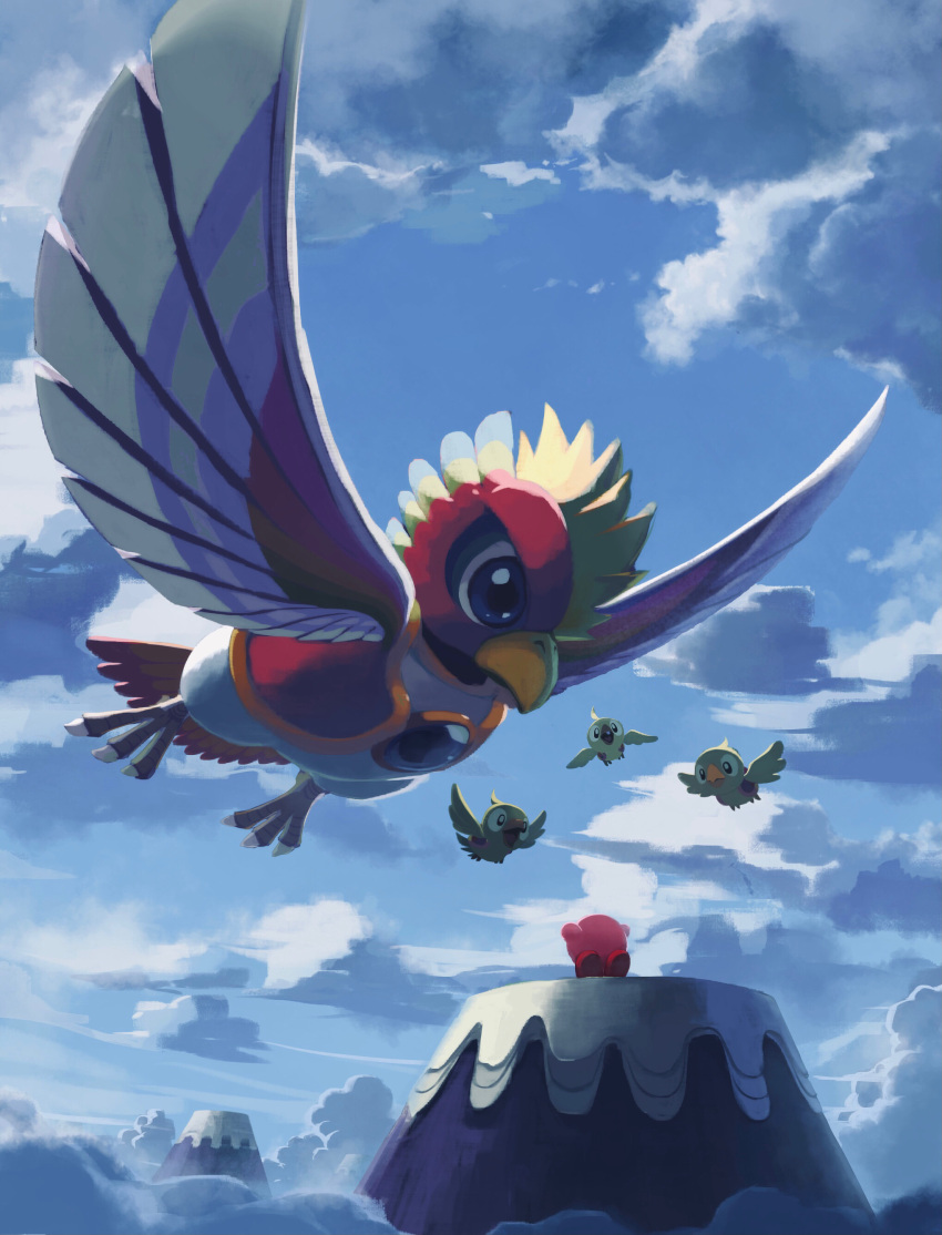 absurdres bird blue_sky character_request check_character clouds day dyna_blade dyna_chick flying highres kirby kirby_(series) looking_at_another outdoors scenery sky suyasuyabi